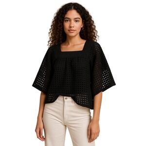 Kinly Boutique Eyelet Square Neck Kimono Sleeve Blouse Boho Top Womens XS Black‎